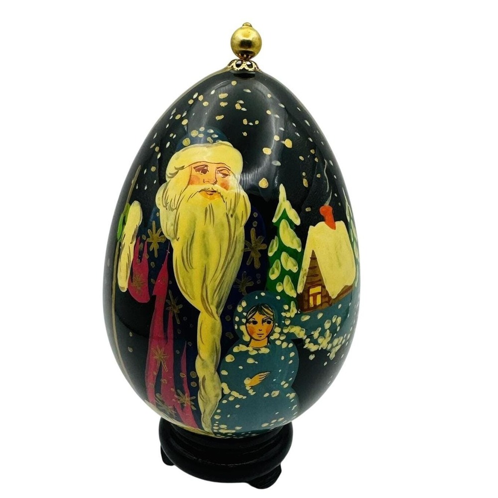 Russian Lacquer Egg Father Frost Snegurochka Hand Painted Signed STUNNING Santa